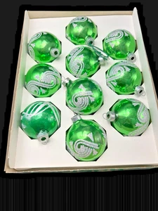 Vintage Green w Silver Glitter Stencil Christmas Ornaments Balls Rauch Holly 12 - Picture 1 of 11