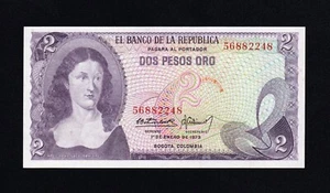 F.C. COLOMBIA , 2 PESOS ORO 1973 , S/C- ( AUNC ) , PICO DOBLADO , P.413a . - Imagen 1 de 2