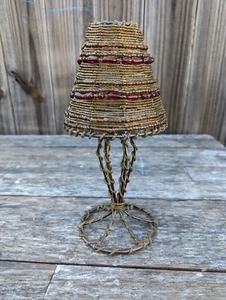 Vintage Windlicht Teelichthalter Glas siehe Perlen verdrahtet Lampenschirm - Bild 1 von 5