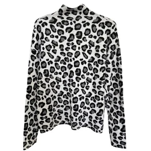 Tahari Crop Sweater Women's Medium Pullover Leopard Animal Print Mock Neck Grey - Picture 1 of 5