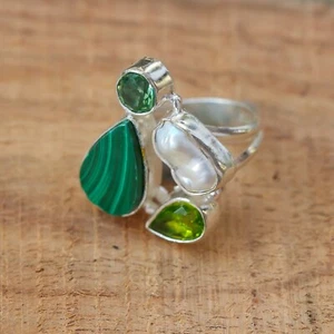Malachit, Perle & Peridot Ring - Boho Statement Schmuck Größe"7 - Bild 1 von 7