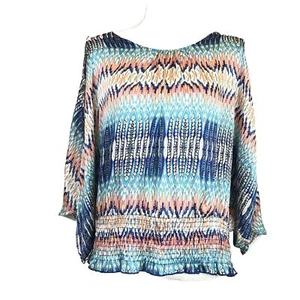 Halo Blue Orange Striped Open Shoulder Smocked Blouse Size Small - Picture 1 of 8