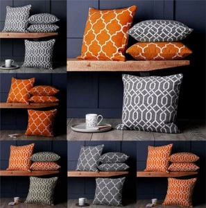 Set of 4 Orange & Grey Chenille Geometric Design 18 inch / 45 cm Cushion Covers  - Picture 1 of 18