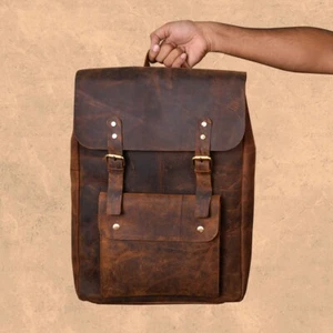 Men's Vintage Style Real Genuine Leather Bag Rucksack Laptop Backpack Brown Bag - Picture 1 of 8