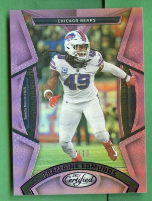 TREMAINE EDMUND 2023 CERTIFIED FOOTBALL PURPLE MIRROR 10/10  CHICAGO BEARS - Image 1 of 2