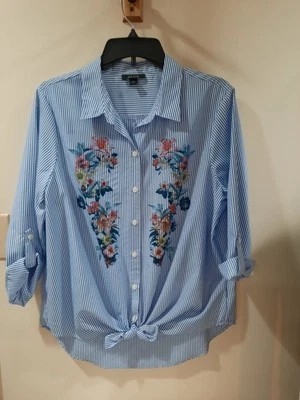 New ALYX button Up Collared Dress Top. White With Blue Strips Floral Pink Green - Image 1 of 4