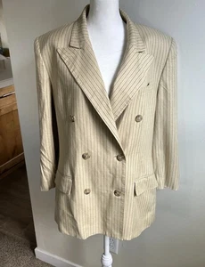 Vtg Lauren Ralph Lauren Double Breasted Blazer 12 Beige Pinstripe Jacket USA - Picture 1 of 15