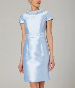 Abito Madre Della Sposa Gioiello Collo Perle Lunghezza Ginocchio Cristallo Blu Vestibilità M - Foto 1 di 7