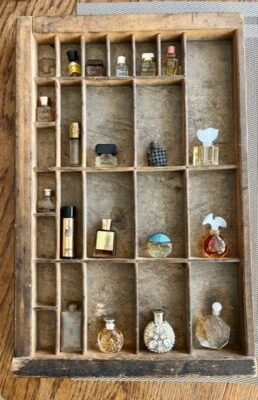 Vintage Mini Perfume Bottles lot with Wooden Printer Drawer Shadow Box Display - Image 1 of 4