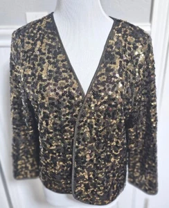 Peter Nygard Gold Metallic Sequined Jacket Long Sleeves Size Large Lined - Picture 1 of 11