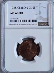 Ceylon 1 Cent 1928 NGC MS 64 RB - Picture 1 of 2