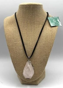 SJ Pearl Rose Quartz Teardrop Pendant Necklace on Black Cord - Picture 1 of 4