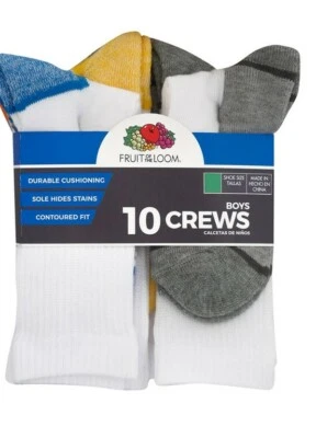 Fruit of the Loom Boys 10 Pair Crew Socks NEW Size Large Shoe Size 3-9 - Image 1 of 4