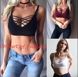 Womens SEXY Caged Strappy Lace Up Criss Cross Layering Bralette Bra Top Lingerie