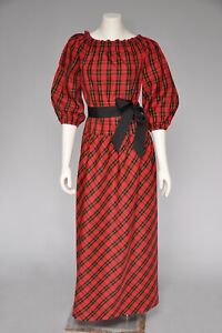 Vintage 1980s Red Black Plaid BILL BLASS Belted Maxi Dress Party Scottish S/M