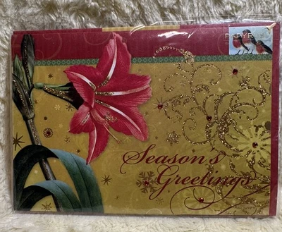 Papyrus Christmas Card 2010 HTF Amaryllis Flower Gold Glitter Wonderful Memories - Image 1 of 4