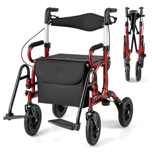 COSTWAY Rollator Walker for Seniors w/Seat 2-in-1 Foldable Rolling Walker-Red - Picture 1 of 9
