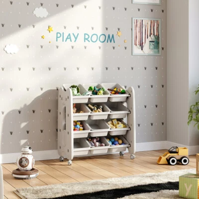 Beige 4-Layer Kids Toy Storage Rack with 12 Plastic Bins& 4 Wheels Easy Assembly - Image 1 of 4