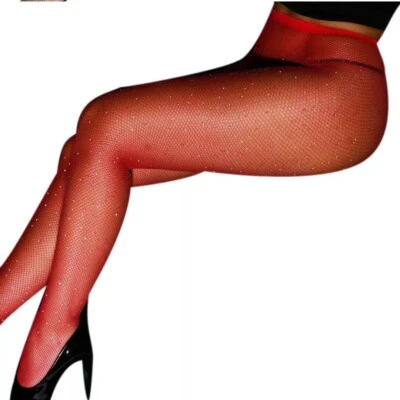 BNWT Red Rhinestone Diamanté Small Hole Fishnet Tights Crystal Devil Halloween - Image 1 of 3