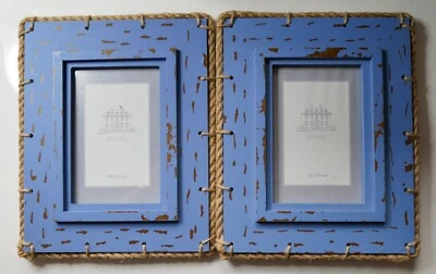 2 Stück Bilderrahmen Shabby Chic Maritim blau Seil Tau 10 x 15 cm 26 x 21 cm NEU - Bild 1 von 2