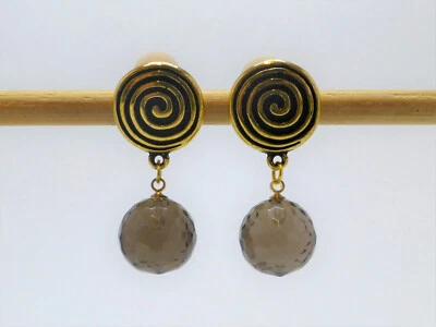 Lange Ohrclips Ohrringe Gold Rauchquarz Kugel 14mm Braun - Bild 1 von 4