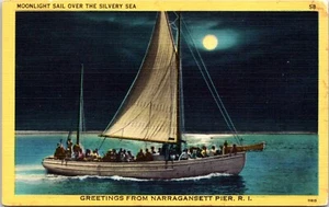 Narragansett Pier Mondschein Segel silber Meer Rhode Island Postkarte B24 - Bild 1 von 2