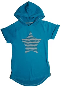 Hooded SS Tunic Length Shirt Turquoise  w/Grey Star Underlay Size Small 7/8 - Picture 1 of 7