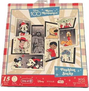 DISNEY 100 RETRO CHARACTERS 15 Days Fashion Socks BOYS Shoe Sizes 9-2 1/2 NEW - Picture 1 of 2