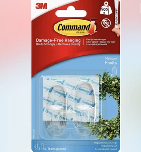 Command Clear Hooks & Strips, Plastic, Medium, 2 Hooks & 4 Strips/Pack Fast Easy - Picture 1 of 5