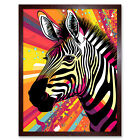 Zebra Portrait Vibrant Colourful Stripes Psychedelic Framed Art Picture 9X7