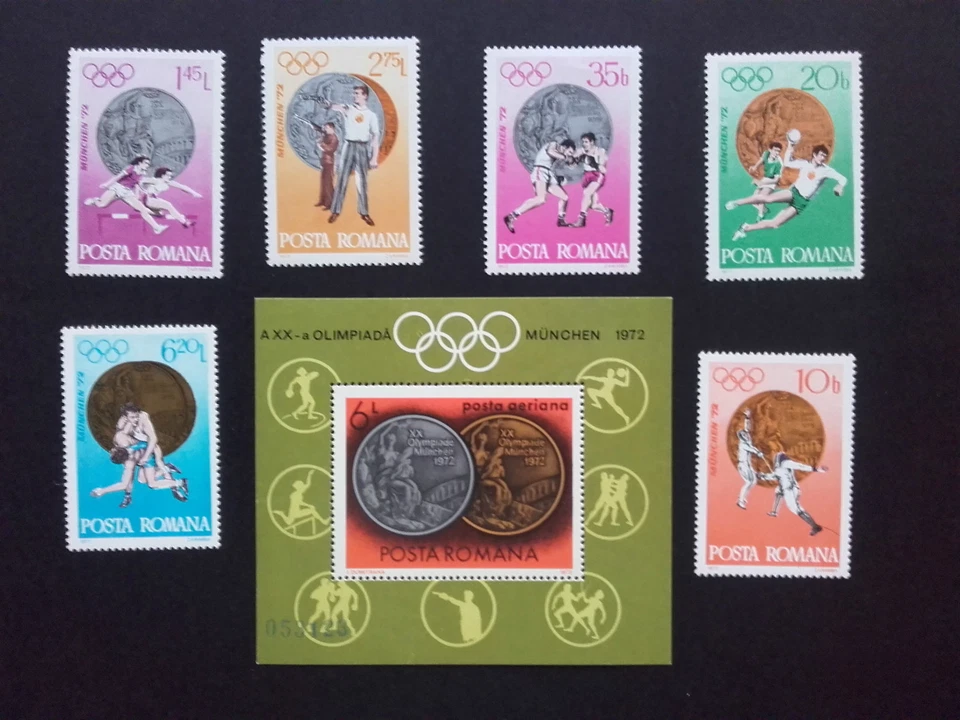 1972 -Romênia-Esporte - Medalhas de ouro olímpicas Munchen, Mi.3060-3065+Bk.100, sem marca de charneira - Imagem 1 de 1