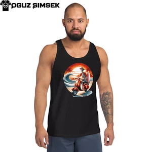 Whimsical Skeleton Riding Scooter Men’s Staple Tank Top | Beach Surfing Sunset - Picture 1 of 15