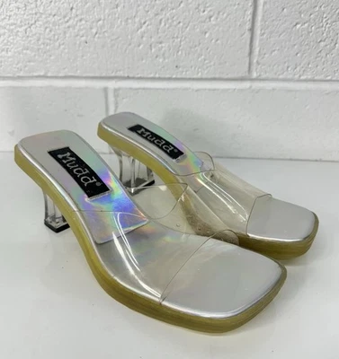 Sandalias de tacón grueso de colección Mudd iridiscentes holográficas transparentes deslizables/talla 9,5 Foto 1 de 4