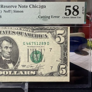 ๐ ERROR Note: 1974 $5 FRN CUTTING ERROR (CHICAGO โGโ ) PMG 58 EPQ - Picture 1 of 6