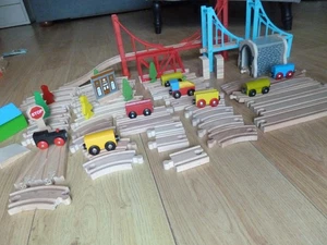 WOODEN TRAIN SET - Complete With Track, Junctions, Bridge And Trains - Picture 1 of 6