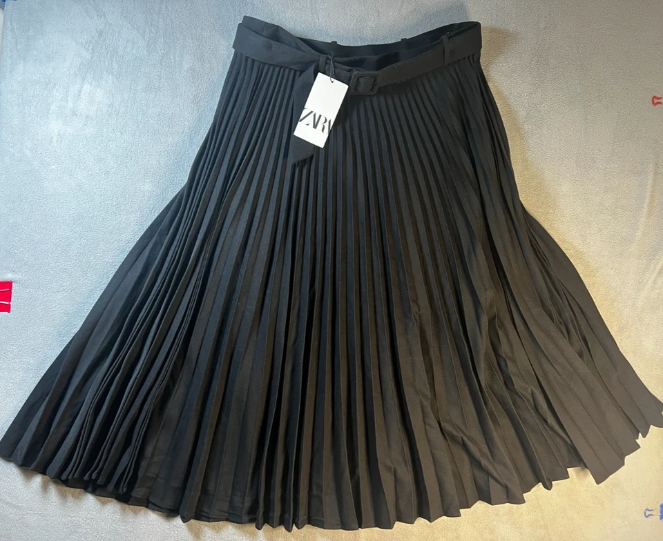 new ZARA womens Midi skirt Pleated BLACK sz XXL long below knee zip Belt NWT - Image 1 of 4