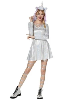 Vestido de unicornio iridiscente de piel sintética con capucha para mujer disfraz rave 8-10 mediano #7520 Foto 1 de 4