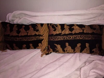 Borgata 9" X 16" Black Gold Tapestry Rectangular Throw Pillow Fringe Vintage - Image 1 of 4