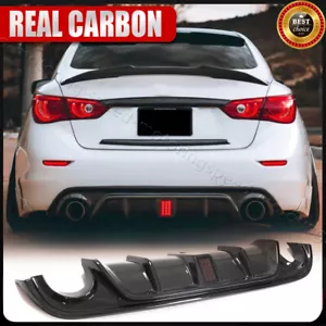 FOR 2014-2017 INFINITI Q50 REAL CARBON FIBER REAR BUMPER DIFFUSER LIP KIT W/ LED - Picture 1 of 18