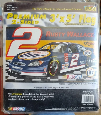 VINTAGE NASCAR #2 RUSTY WALLACE 3' X 5' FLAG  MILLER LIGHT - New, Sealed Package Cover