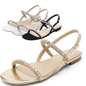 Women Rhinestone Flat Sandals Ankle Strap Open Toe Comfortable Dress Shoes - Picture 1 of 37