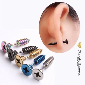 Pair of Trendy Women Men Chic Punk Stainless Steel Screw Ear Studs Earrings - Picture 1 of 6