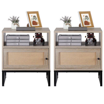 Nightstand Set of 2 Rattan Wood End Side Accent Table w/Storage and Metal Legs - Image 1 of 4