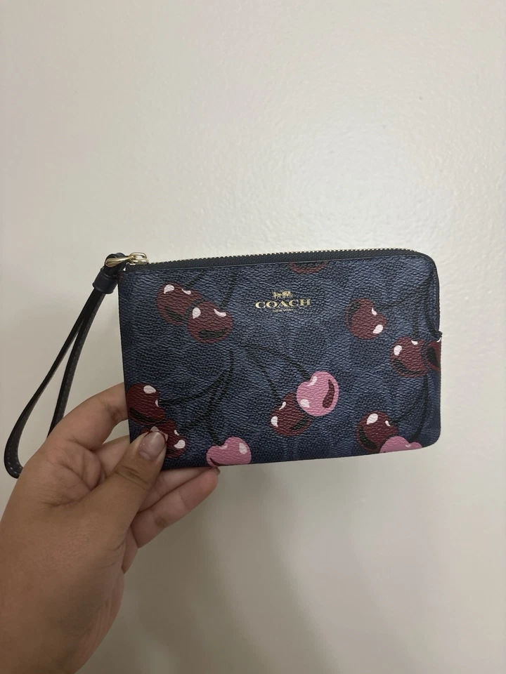 COACH Corner Zip Wristlet Signature Canvas Cherry Print Denim 6.25x4x0.5" CZ450