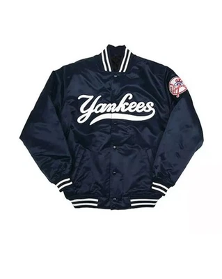 Chaqueta Universitaria Vintage Años 90 NY Yankees Estilo Azul Marino Satinado Bombardero Abrigo Atlético Foto 1 de 4