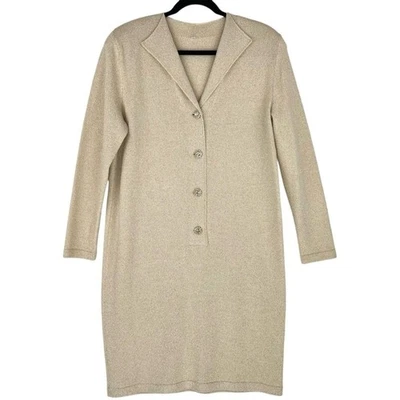 St. John Santana 针织连衣裙 L 码奶油色金色长袖旧钱经典 — 第 1/4 张图片