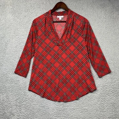 Camisa Charter Club Mujer Pequeña Roja A Cuadros Manga 3/4 Elastizada Top Blusa Foto 1 de 4