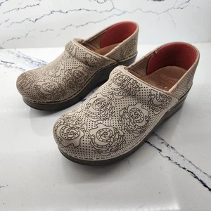 DANSKO Professional Clogs Floral Perforated Leather Nubuck Beige Size 38 - Picture 1 of 7