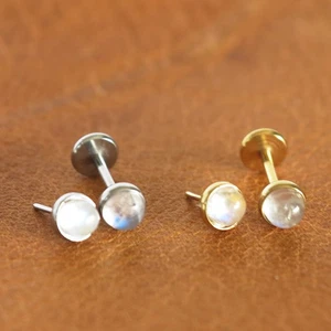 18GTiny Genuine Rainbow Moonstone Titanium Threadless Stud Earring Handmade inUS - Picture 1 of 25