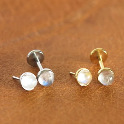 18GTiny Genuine Rainbow Moonstone Titanium Threadless Stud Earring Handmade inUS - Image 1 of 4